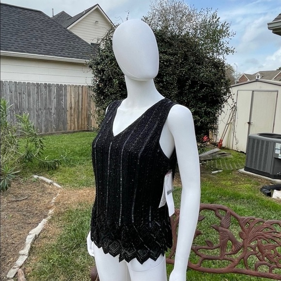 💋Papell Evening Black Beaded Sequined Luxury Camisole - Picture 11 of 15